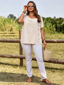EMERY ROSE Plus Size Women's Summer Casual Vacation Country Solid Color Apricot Lace Patchwork Asymmetrical Shoulder Button Decor Loose Fit Basic Short Sleeve Blouse,Summer Holiday,Spring Break,Vacation,Holiday,Going Out,2026 New,Simple And Fashionable For Everyday Wear,Casual Vacation Boho Tops,Suitable For Summer, Vacation, Commute, Daily Wear - Apricot - View 5
