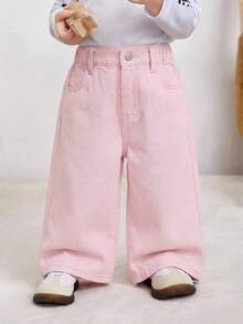 SHEIN Baby Girl Loose Fit Pockets Flare Leg Jeans - Pink - View 4
