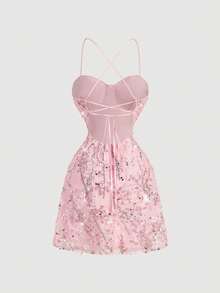 SHEIN MOD 女士亮片刺绣露背吊带迷你连衣裙 - 粉色 - 查看 5
