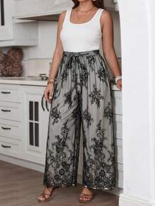 SHEIN VCAY Plus Size Women Floral Lace Patchwork Sleeveless Jumpsuit,Black And White,Summer,Elegant,Tea Party Festival Outfits Valentines Day Vintage Country - Khaki - View 1