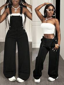 Slaydiva Pantalones peto vaqueros de corte holgado para mujer - Negro - Ver 7