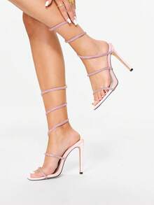 Glitzique 欧美时尚性感超高跟女士凉鞋，水晶钻蛇形装饰，正式派对银色方头细高跟鞋，粉色 - 粉色 - 查看 5