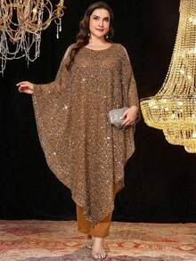 SHEIN Clasi 大码女式纯色圆领露肩蝙蝠袖亮片优雅时尚连衣裙 - 金色 - 查看 13