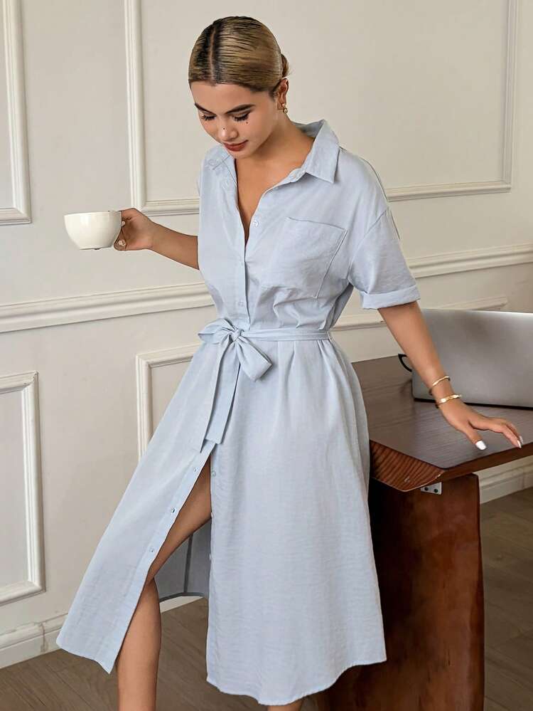 Elegant Minimalist Shirt Dress, Waist Cinched Mid-Length, For Women Home Wear, Spring/Summer