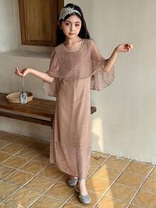 Dazy Kids 少女优雅派对长裙配披肩 - 杏色 - 查看 6