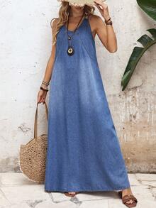 EMERY ROSE Solid Color V-Neck Loose Casual Sleeveless Denim Dress - Blue - View 5