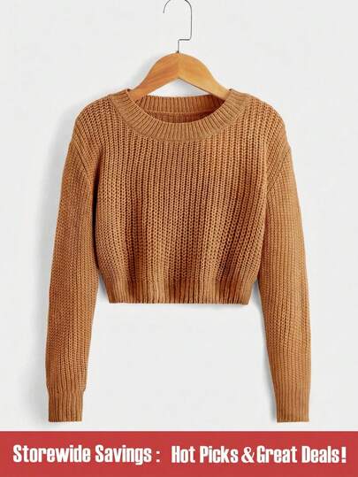 SHEIN Suéter de punto de cuello redondo sólido informal con hombros caídos para niña preadolescente, suéter corto de manga larga para otoño/invierno, top corto de punto marrón, top corto para adolescentes, ropa de verano a juego para adolescentes, suéter corto de punto para adolescentes, suéter de punto corto para niñas, ropa de punto para niñas de otoño e invierno, suéteres de invierno para niños, suéter para niñas preadolescentes, suéter de punto de manga larga, suéter para niñas adolescentes, suéteres de invierno para niños, suéter de punto para niña, suéter largo de otoño, ropa de niña de otoño e invierno, jersey para niñas, jersey para mujeres, suéter de cuello redondo, suéter de punto trenzado