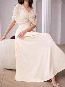 Modelyn French Elegant Mesh Patchwork Cinched Waist Flared Dress - Apricot - View 2