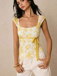 Poéselle 女士休闲印花不对称下摆方领吊带背心，夏季 - 黃色 - 查看 3