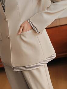 Anewsta Casual Loose Retro Colorblock Striped Patchwork Shirt-Style Blazer For Women - Beige - View 3