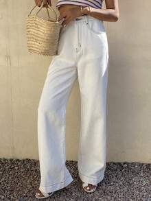 DAZY Women's Casual White Wide-Leg Jeans, Spring/Summer - Beige - View 5