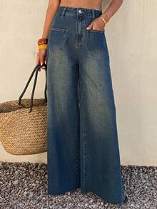 DAZY 复古高腰喇叭牛仔裤，女士休闲阔腿牛仔裤 - Blue Ambition - 查看 2