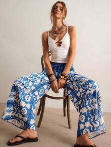 Freevana Pantalones sueltos con cintura de bolsa de papel y lazo - Azul - Ver 3