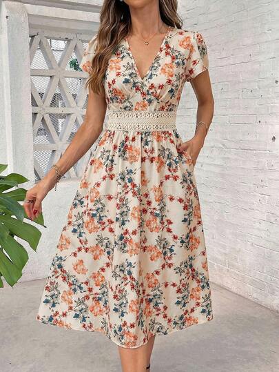 Ellevyn Women's V-Neck Waist Cinched Lace A-Line Midi Dress, Khaki/Brown Floral Print, Elegant For Daily Wear, Vacation, Spring/Summer Floral Dress, V-Neck Short Sleeves, Waist-Cinching A-Line, Women's Summer Vacation Dress, Elegant For Everyday Outings And Vacations, Women's Midi Dress, Floral Pattern