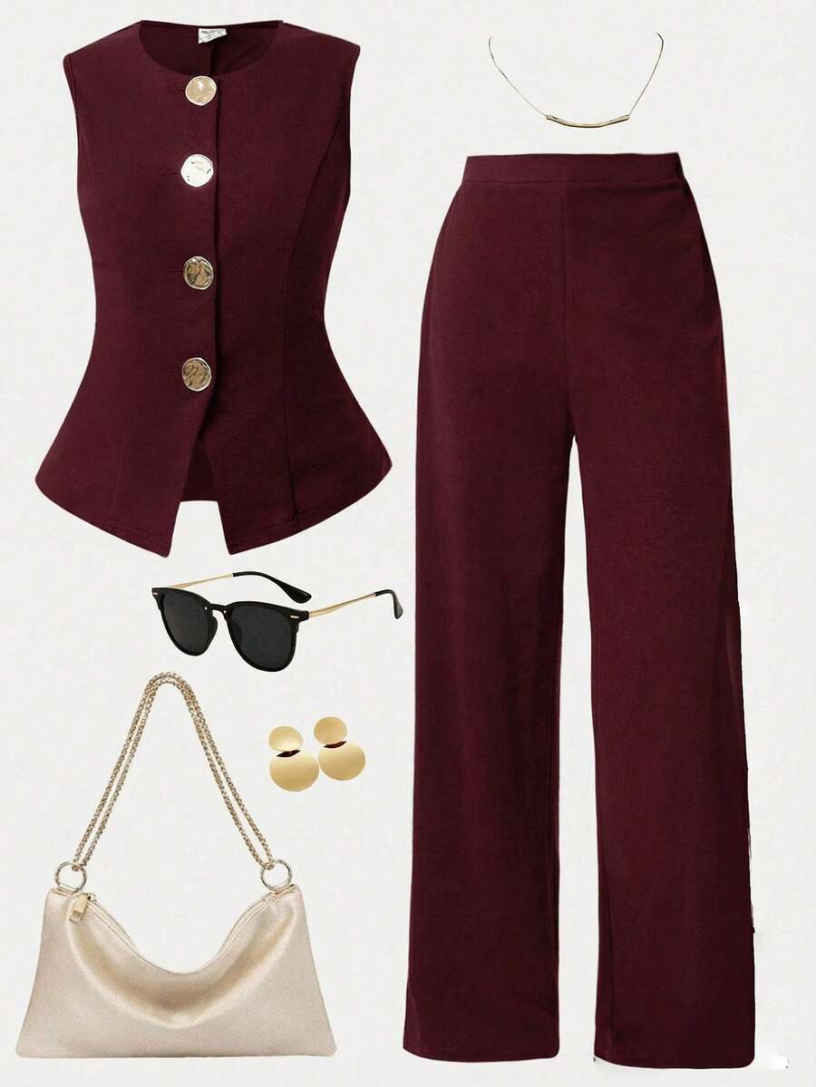 Girlism Teen Girls Sleeveless Top And Pants Set, Metal Button Closure, Elegant Retro Style,,,Kids - Burgundy - View 1
