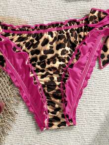 Soleia Bộ bikini đi biển dành cho nữ, kiểu dáng retro, nhiều màu sắc, họa tiết da báo, ngựa vằn, hoa lá, cổ yếm xếp nếp và tua rua trang trí. - Màu Hồng Tươi - Xem 5