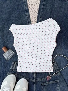 SHEIN Tween Girls Knit Casual Minimalist Polka Dot Print Asymmetric Ruched Cropped Top, Suitable For Spring/Summer, Casual, Personalized Styling, Daily Wear - Red - View 2
