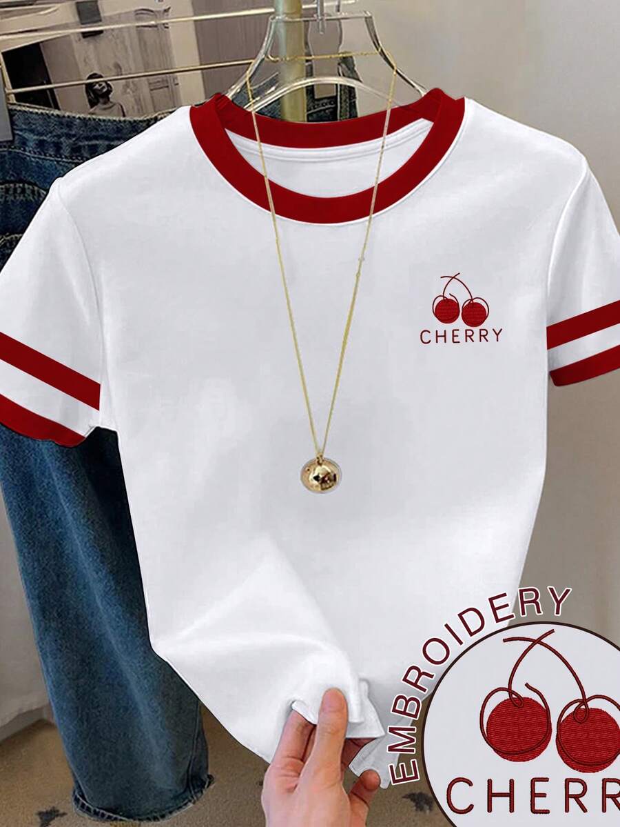 Resyla Women's Color Block Cherry Embroidery Short Sleeve Casual Round Neck T-Shirt - White - View 1