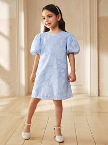 SHEIN 女童泡泡袖隐形拉链装饰休闲时尚圆领A字连衣裙 - 藍色 - 查看 3