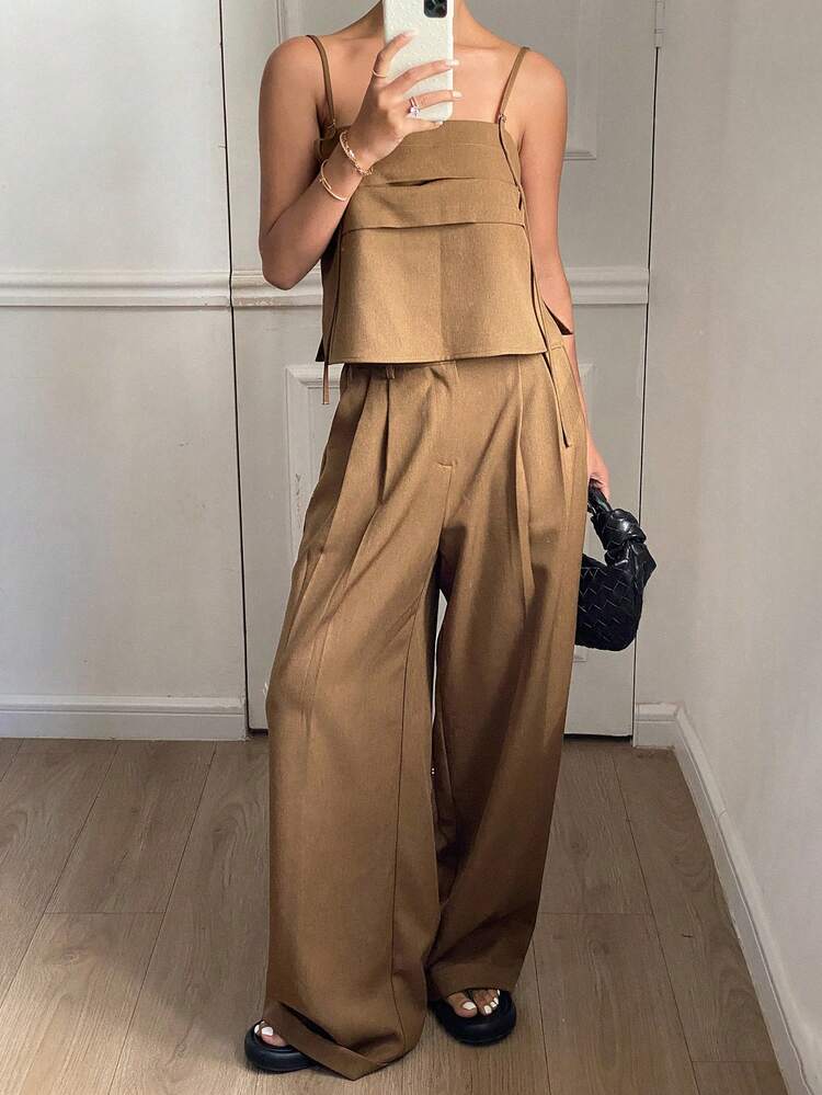 Women's Solid Color Vacation Korean Style Camisole Shirt And Long Pants Two Pieces Set Summer