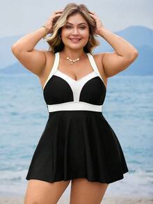 Swim Lushoire Bộ đồ bơi kín đáo 2 mảnh dành cho nữ cỡ lớn, gồm áo hai dây phối họa tiết, dây mảnh và eo xếp ly, dáng chữ A, thích hợp cho kỳ nghỉ hè. - Đen và trắng - Xem 5