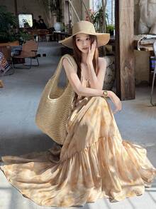 DAZY Đầm maxi dài tay cổ chữ V in họa tiết phối hạt cườm kiểu dáng nghỉ mát dành cho nữ, thích hợp mặc mùa hè. - Màu vàng - Xem 3