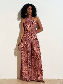 Zivah Mono informal de mujer con estampado todo sobre, con cuello halter y atar, adecuado para vacaciones y uso diario - Rojo - Ver 10