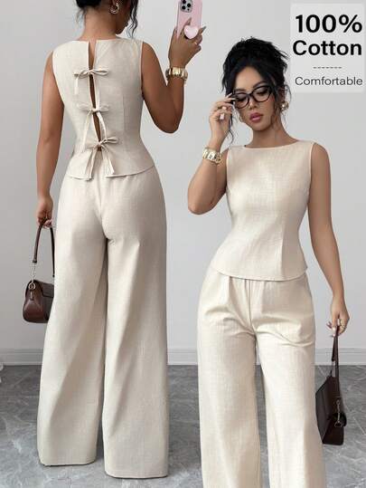 Siren Gaze Conjunto de 2 piezas elegante con camiseta de tirantes con detalle retorcido en la espalda y pantalones de pierna ancha de unicolor para mujer