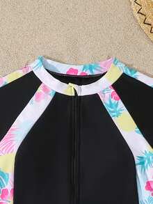 SHEIN Bộ đồ bơi dài tay in hình lá cây có khóa kéo dành cho bé gái tuổi teen, màu hồng, gồm áo và quần, thích hợp cho bãi biển, bơi lội và kỳ nghỉ. - Nhiều màu - Xem 5