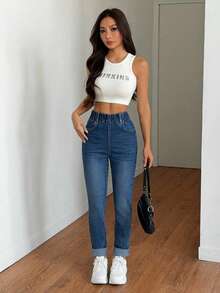 SHEIN Tall Women's Summer Casual High Waist Elastic Waist Denim Jeans Blue Stretch Slim Fit Tapered Pants With Pockets & Cuffed Hem Perfect For Daily & Streetwear Outfits Women's Casual Elastic Waist Pockets Versatile Daily Wear Jeans - Dark Wash - View 5