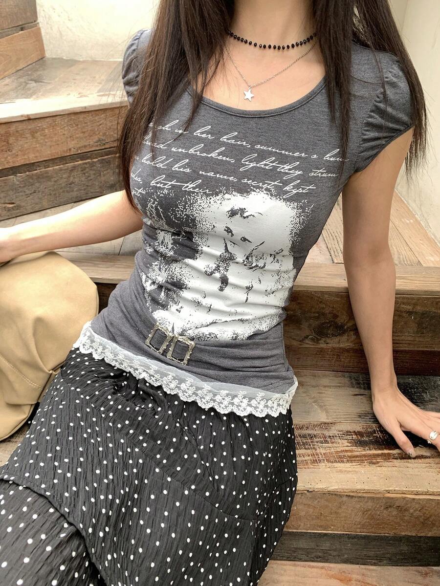 DAZY 女士圆领印花街头风短袖T恤 - 灰色 - 查看 1