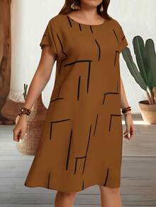 EMERY ROSE Plus Size Women Line Print Round Neck Batwing Short Sleeve Casual Dress - Brown - View 3