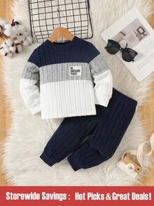 Conjunto de 2 piezas de niño bebé con sudadera de cuello redondo de forro polar con aplicación de letra y bloques de color, y pantalón de chándal, adecuado para otoño/invierno, exterior, multiusos, cómodo y cálido - Multicolor - Ver 1