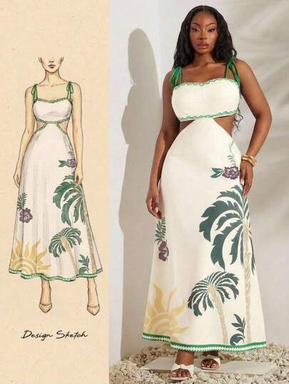 SHEIN SXY 大码女式碎花镂空腰部无袖连衣裙，度假款