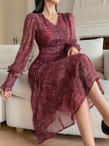 DAZY 女士优雅通勤全印花美人鱼中长连衣裙 - 玫紅色 - 查看 1