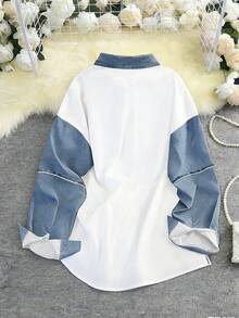 Resyla Camisa de manga larga casual y holgada con parches de color contrastante para mujer - Multicolor - Ver 2