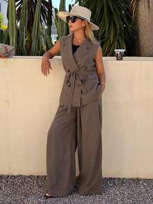 Livesso Women's Casual Striped Belted Vest And Wide Leg Pants Suit, Spring/Summer - Brown - View 3