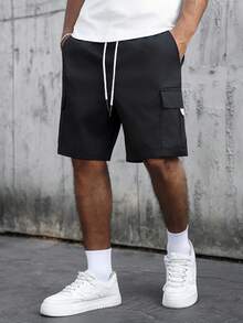 SLATEMANN Pantalones cortos de cargo para hombre de cintura elástica con cordón y bolsillo, unicolor - Negro - Ver 3