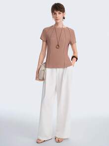 SHEIN Stylify 女士夏季外出、约会、新年、情人节、复活节、母亲节、音乐节、中东风情、婚礼、优雅、复古、休闲、通勤、浪漫、度假罗纹针织棉圆领修身短袖T恤，浅卡其色 - 卡其色 - 查看 6