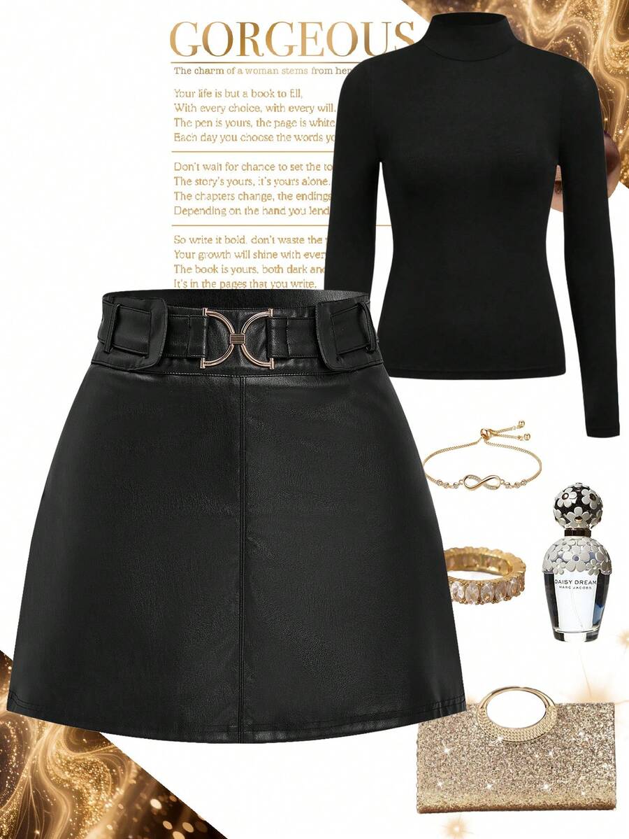 Ellevyn Women's PU Leather Casual Versatile Date Night Mini Skirt,Summer - Black - View 1