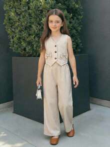 SHEIN 女童春夏休闲素色无袖背心和裤子套装 - 卡其色 - 查看 2