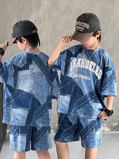 SHEIN 2pcs/Set Teen Boys' Casual Black & White Contrast English Print Short Sleeve T-Shirt And Shorts Set, Street Punk Rock School Style, Suitable For Spring/Summer Occasions