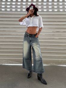 Jeanoix Y2K Women's Pleated Pocket Wide Leg Loose Casual Jeans - Medium Wash - View 6