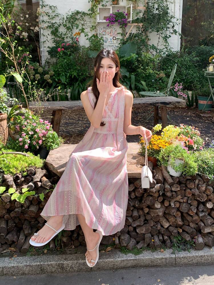 Women's Casual Striped Lace Trim Sleeveless Midi Dress For Vacation Sundress Floral Dresses For Women