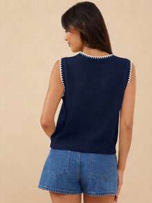 WESTFADE Round Neck Multi Stitch Summer Lobster Intarsia Sweater Tank Top Spring Break Vacation - Navy Blue - View 2