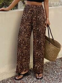 DAZY 女士弹力腰宽松直筒裤，休闲街头风豹纹印花长裤 - 咖啡棕 - 查看 2