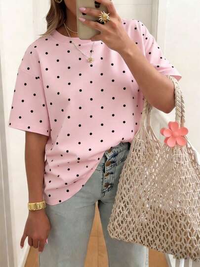 EMERY ROSE Camiseta casual de cuello redondo con lunares, camiseta de mujer de talla grande, estilo de verano