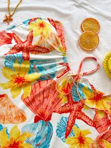 Soleia 春夏假日岛屿元素椰树图案抽绳腰部镂空修身抹胸连衣裙，适合约会、情人节、下午茶等场合 - 彩色 - 查看 4