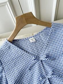 Ensemble 2 pièces pour adolescentes avec Top à col V imprimé à carreaux et nœud, et short avec nœud. Convient pour la rentrée scolaire, les loisirs et le port quotidien - Bleu et Blanc - Voir 6