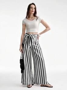 Aveloria Modichic Minimalist Versatile Vacation-Style Wide Striped High-Waisted Loose Wide-Leg Pants With Belt - Light Grey - View 2